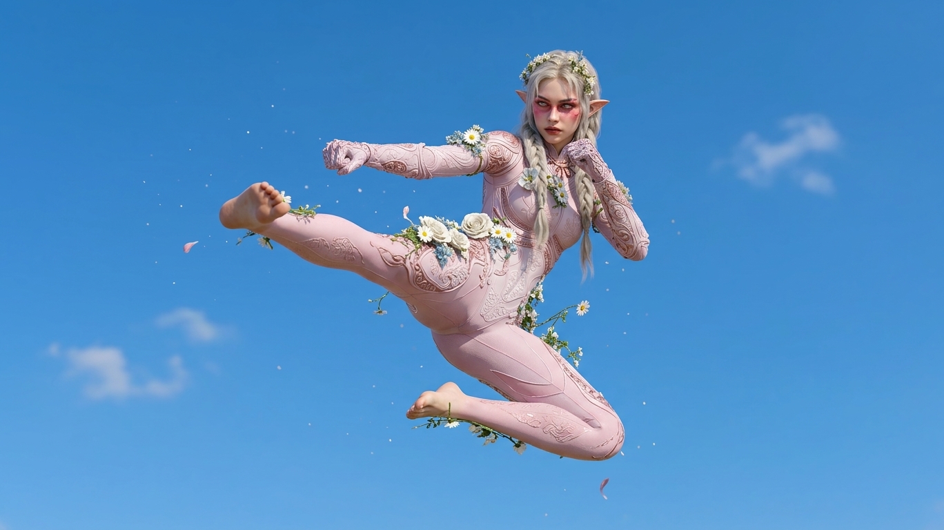 Eve mid-air flying kick against a blue sky