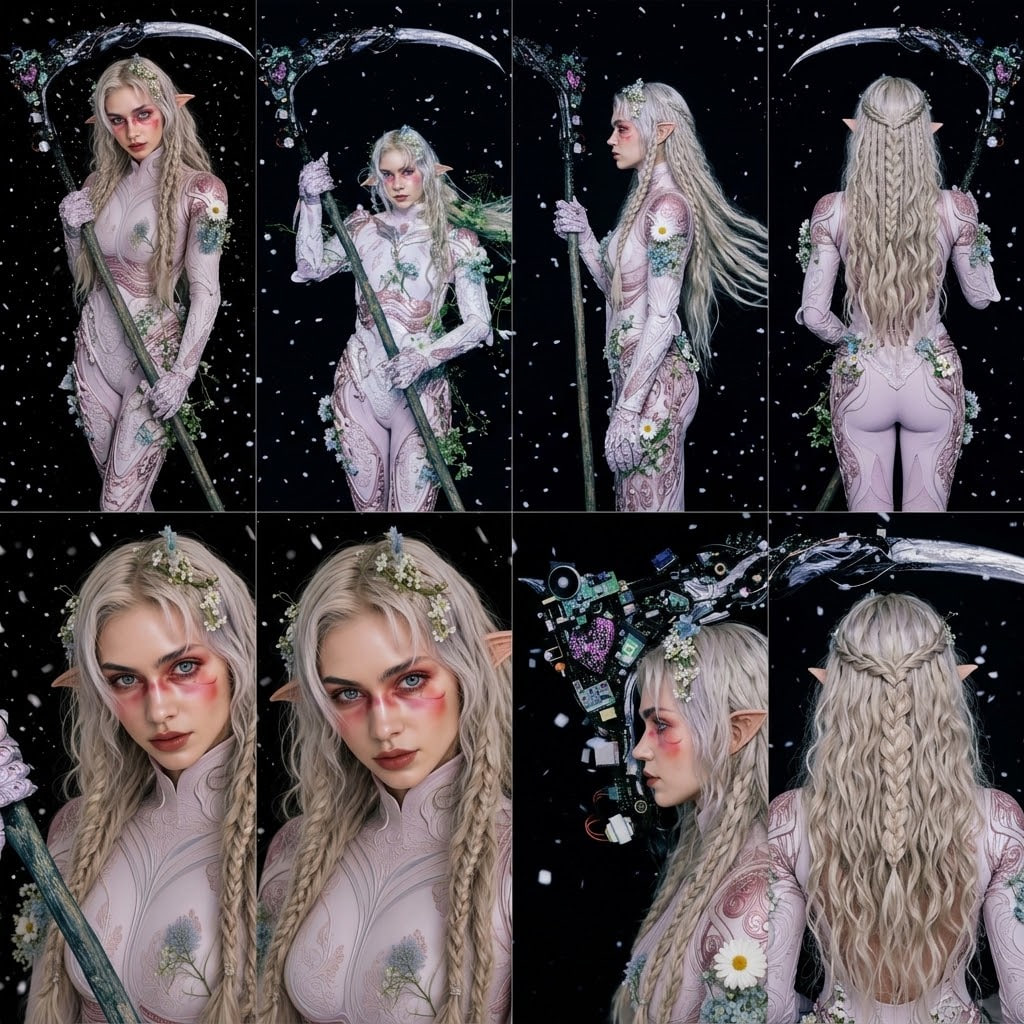 Eve turnaround sheet on black with scythe
