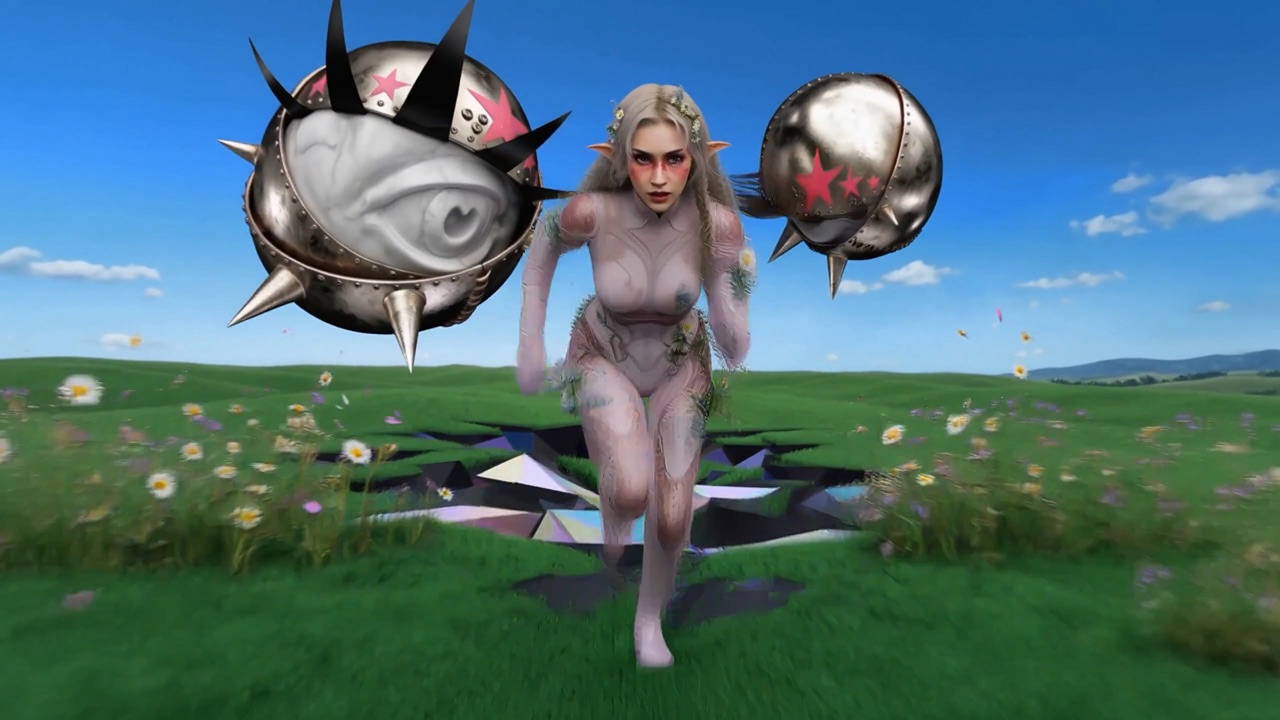 Eve running across a meadow chased by spiked eye spheres