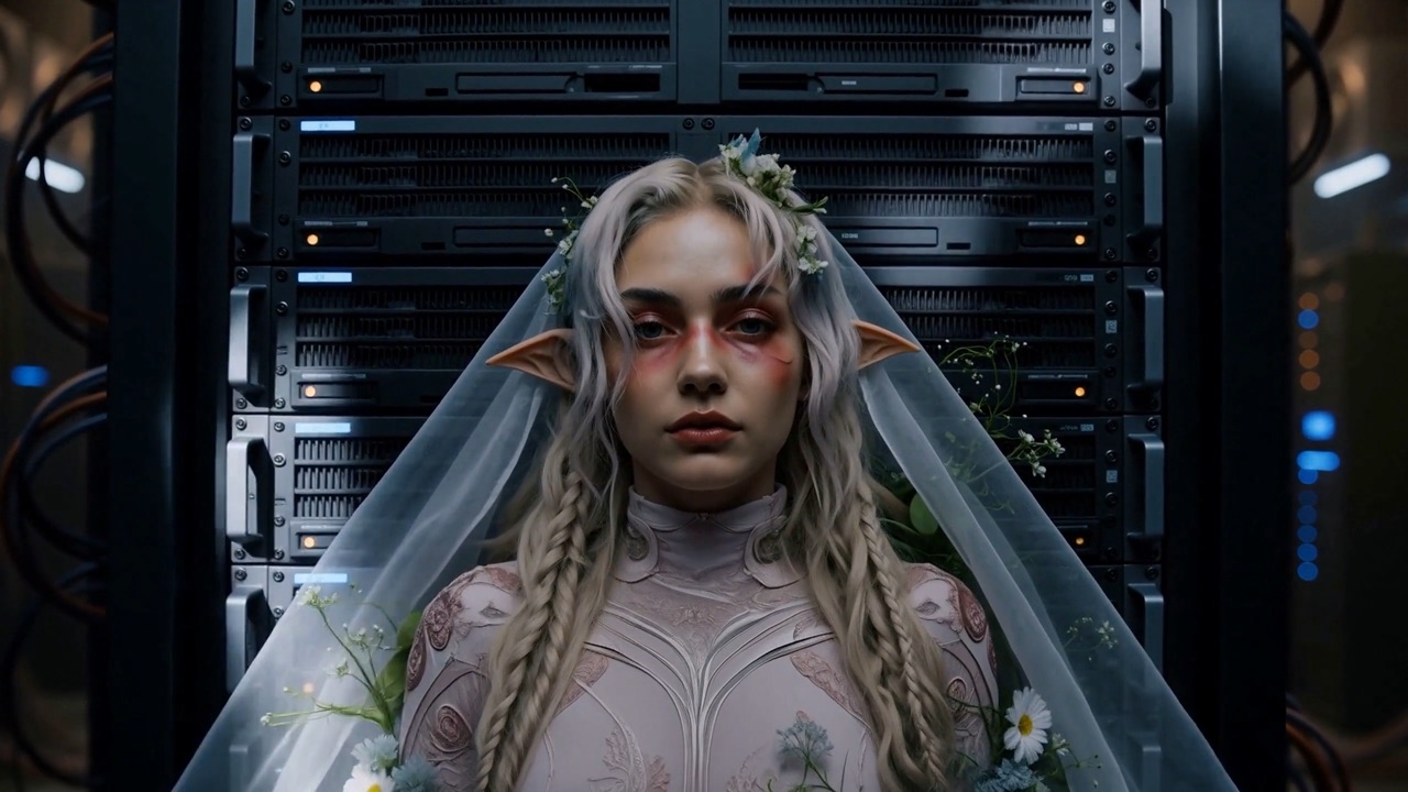 Eve in a bridal veil inside a server room
